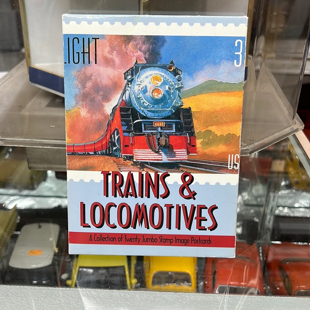 Collectible train post cards with custom stamps.